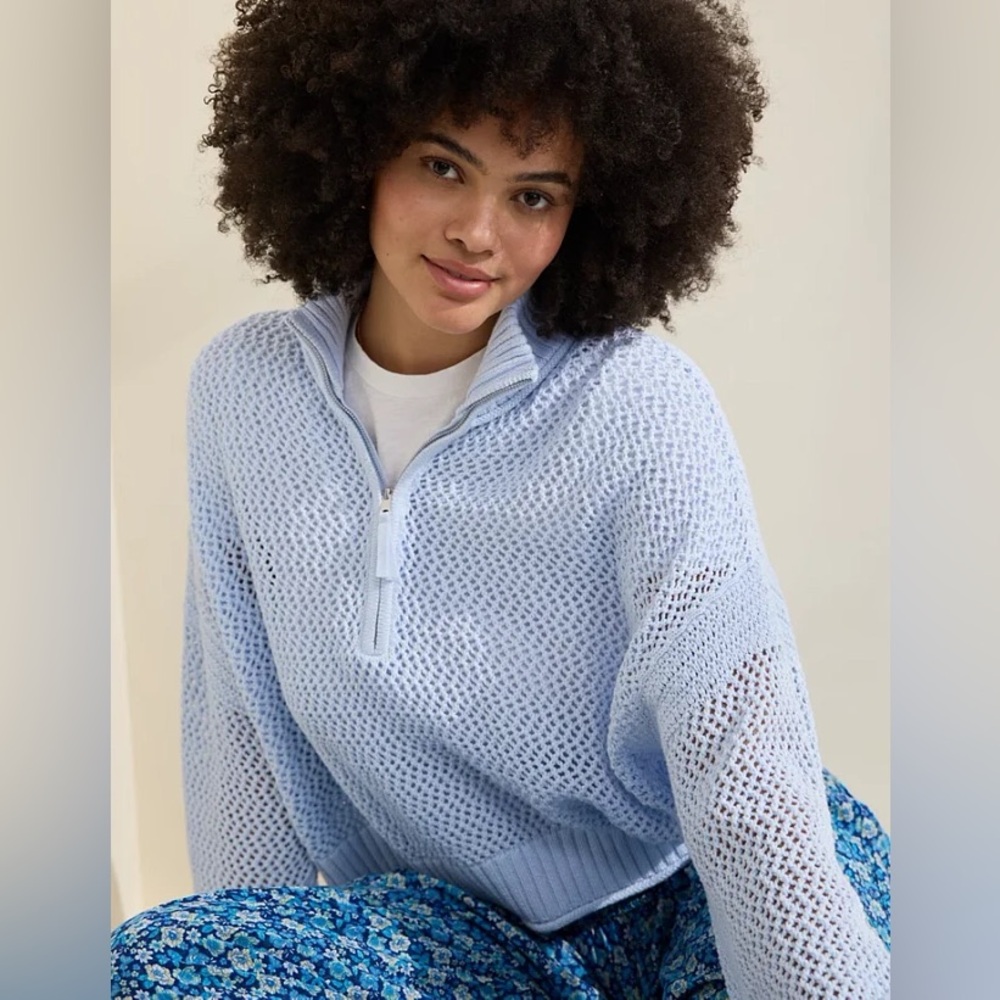 AERIE 2024 Open Knit Crochet Sweater Quarter Zip Boxy Fit Light Blue Preppy